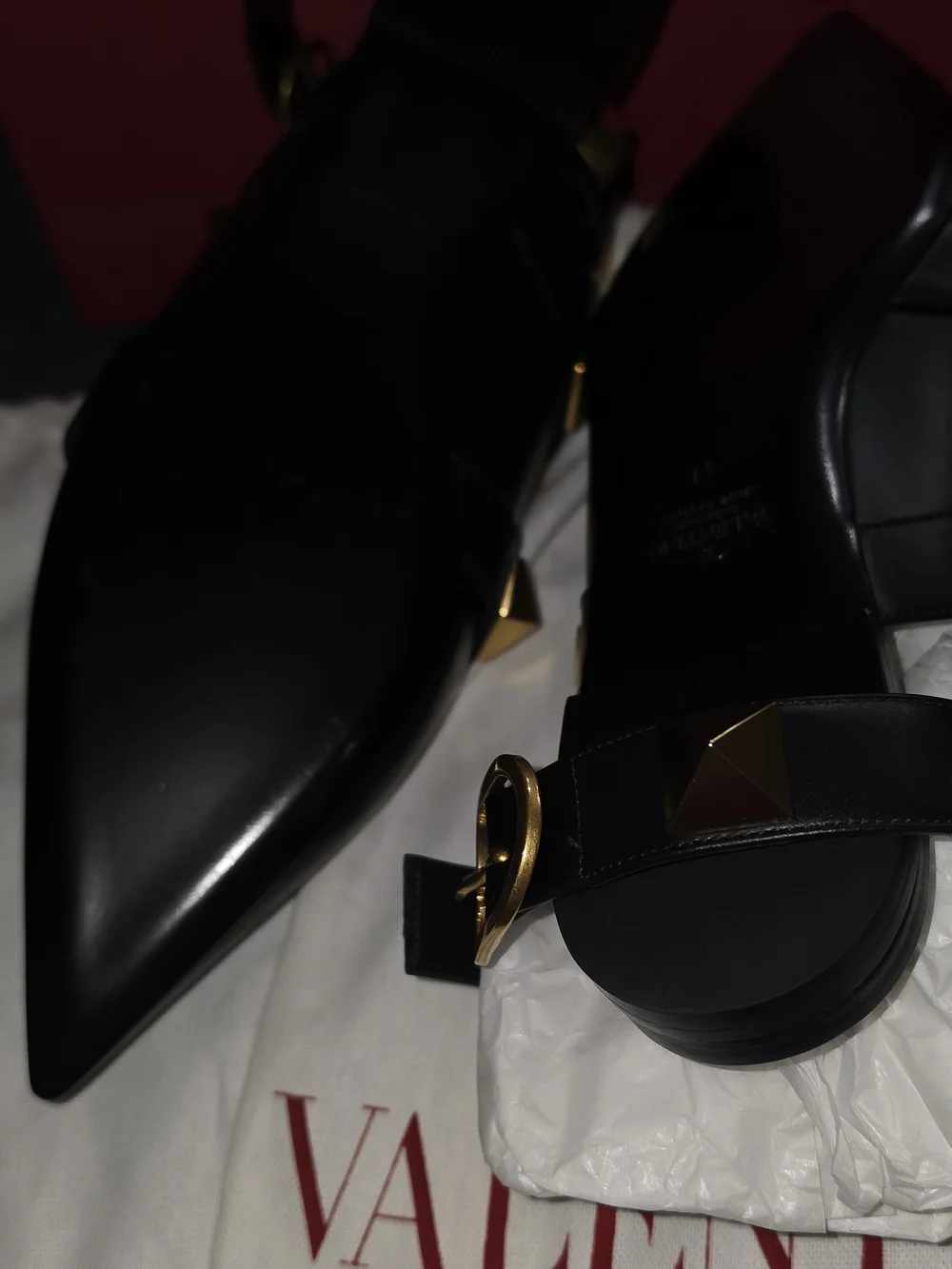 Valentino Black Leather Pointed Flats with Gold Pyramid Studs